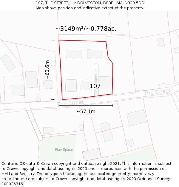 107, THE STREET, HINDOLVESTON, DEREHAM, NR20 5DD: Plot and title map
