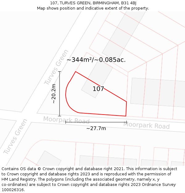 107, TURVES GREEN, BIRMINGHAM, B31 4BJ: Plot and title map