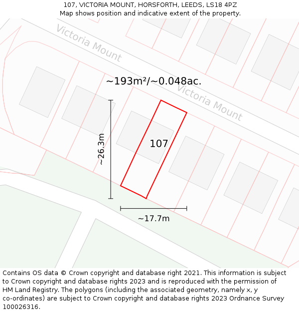 107, VICTORIA MOUNT, HORSFORTH, LEEDS, LS18 4PZ: Plot and title map