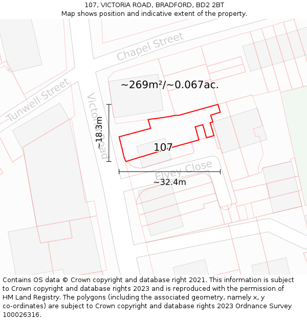 107, VICTORIA ROAD, BRADFORD, BD2 2BT: Plot and title map