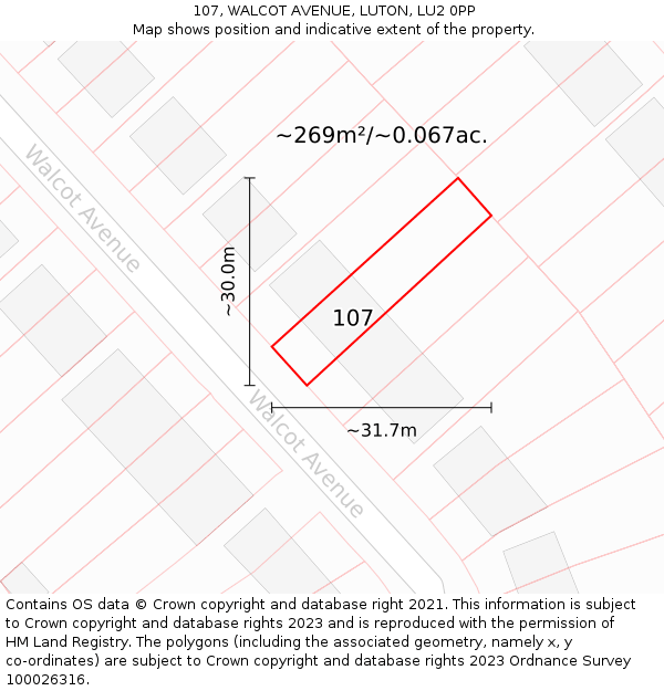 107, WALCOT AVENUE, LUTON, LU2 0PP: Plot and title map