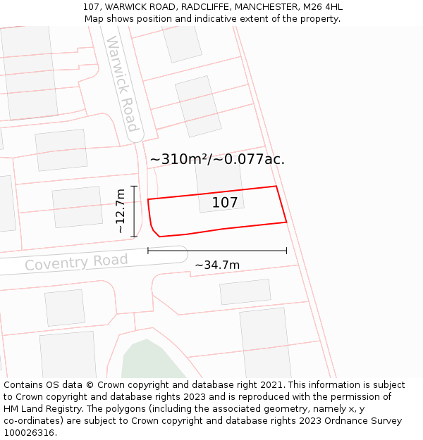 107, WARWICK ROAD, RADCLIFFE, MANCHESTER, M26 4HL: Plot and title map