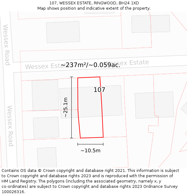 107, WESSEX ESTATE, RINGWOOD, BH24 1XD: Plot and title map