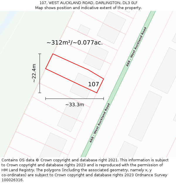 107, WEST AUCKLAND ROAD, DARLINGTON, DL3 0LF: Plot and title map