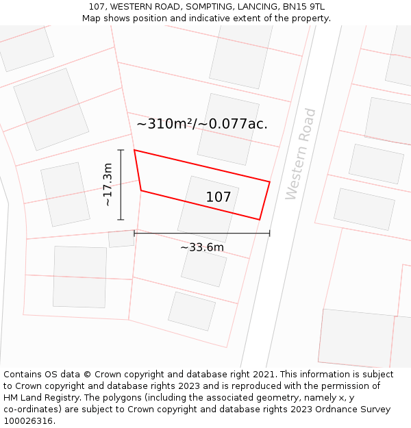 107, WESTERN ROAD, SOMPTING, LANCING, BN15 9TL: Plot and title map