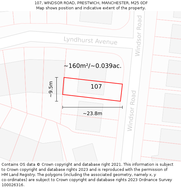 107, WINDSOR ROAD, PRESTWICH, MANCHESTER, M25 0DF: Plot and title map
