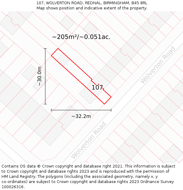 107, WOLVERTON ROAD, REDNAL, BIRMINGHAM, B45 8RL: Plot and title map