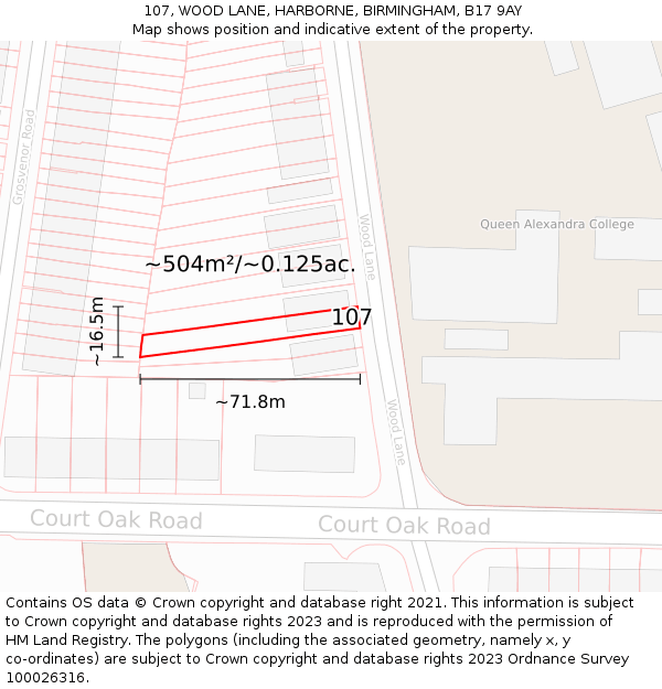 107, WOOD LANE, HARBORNE, BIRMINGHAM, B17 9AY: Plot and title map
