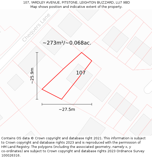 107, YARDLEY AVENUE, PITSTONE, LEIGHTON BUZZARD, LU7 9BD: Plot and title map