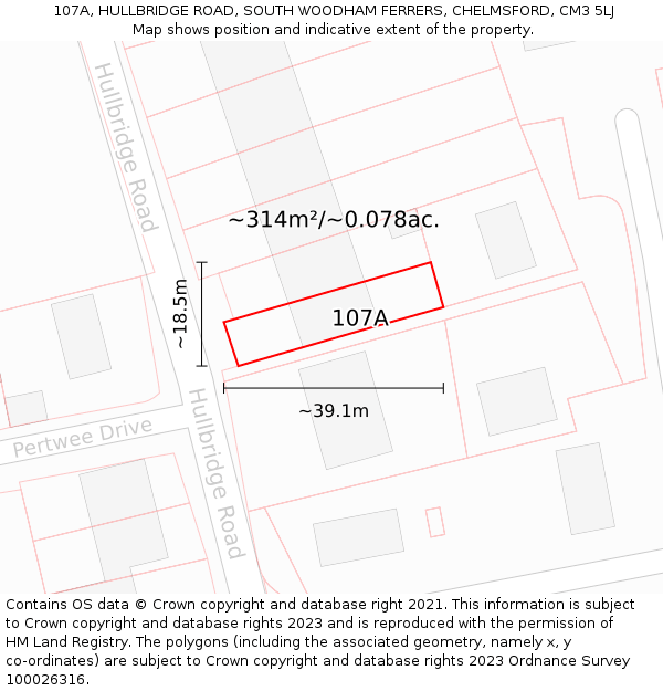 107A, HULLBRIDGE ROAD, SOUTH WOODHAM FERRERS, CHELMSFORD, CM3 5LJ: Plot and title map