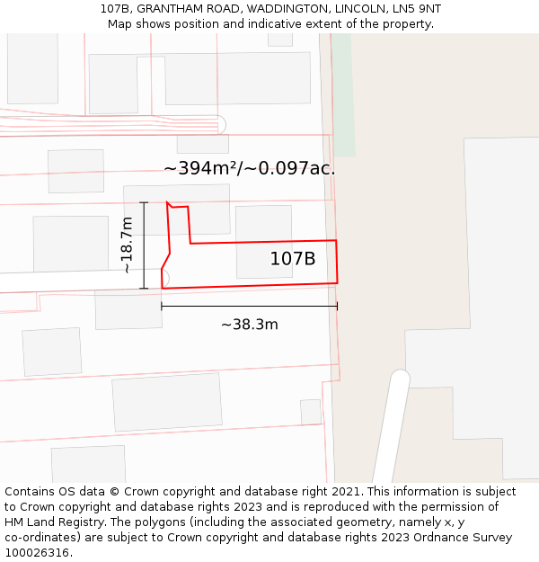 107B, GRANTHAM ROAD, WADDINGTON, LINCOLN, LN5 9NT: Plot and title map