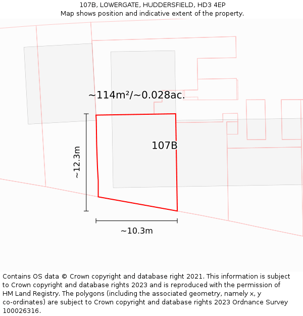 107B, LOWERGATE, HUDDERSFIELD, HD3 4EP: Plot and title map