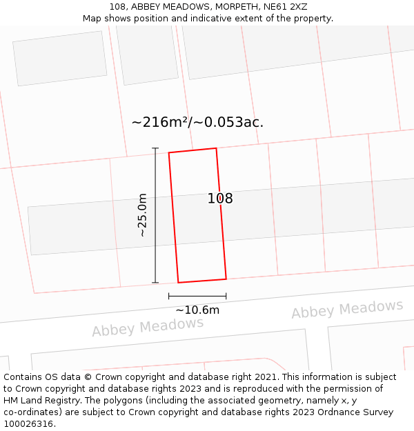 108, ABBEY MEADOWS, MORPETH, NE61 2XZ: Plot and title map