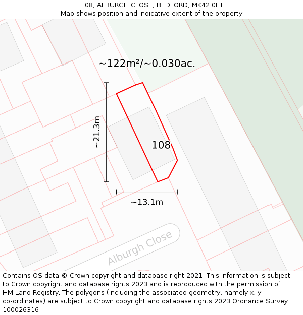 108, ALBURGH CLOSE, BEDFORD, MK42 0HF: Plot and title map