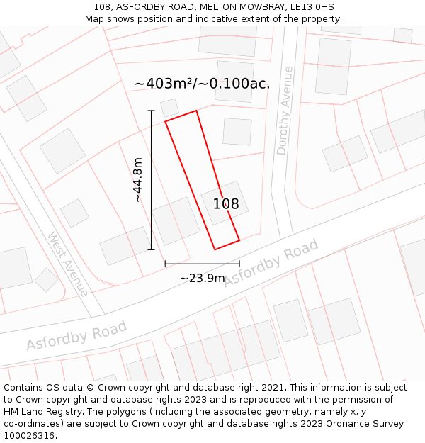 108, ASFORDBY ROAD, MELTON MOWBRAY, LE13 0HS: Plot and title map