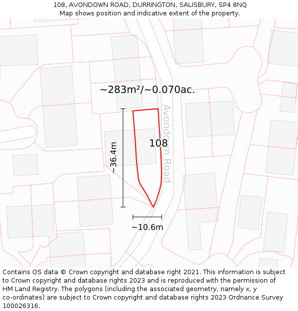 108, AVONDOWN ROAD, DURRINGTON, SALISBURY, SP4 8NQ: Plot and title map