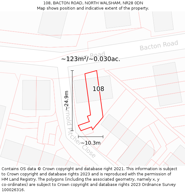 108, BACTON ROAD, NORTH WALSHAM, NR28 0DN: Plot and title map