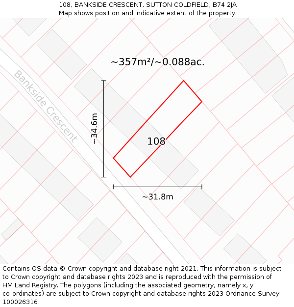 108, BANKSIDE CRESCENT, SUTTON COLDFIELD, B74 2JA: Plot and title map