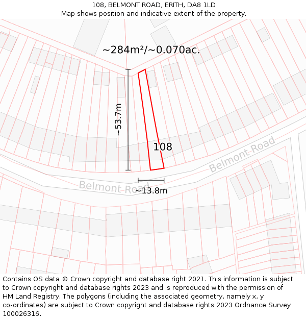 108, BELMONT ROAD, ERITH, DA8 1LD: Plot and title map