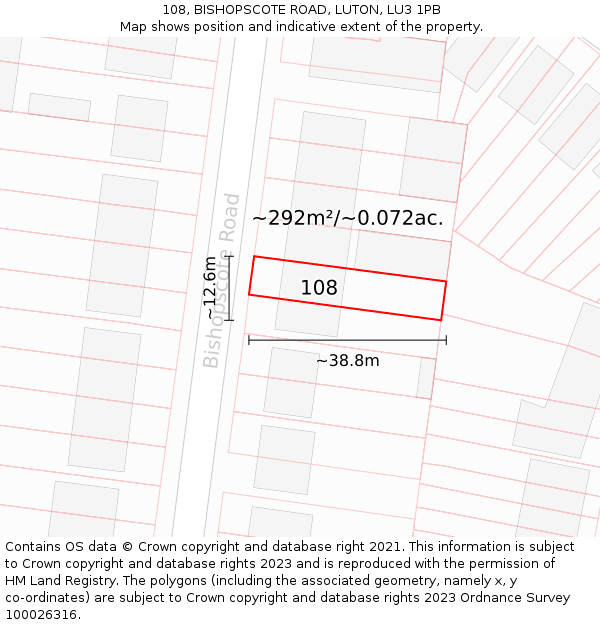 108, BISHOPSCOTE ROAD, LUTON, LU3 1PB: Plot and title map