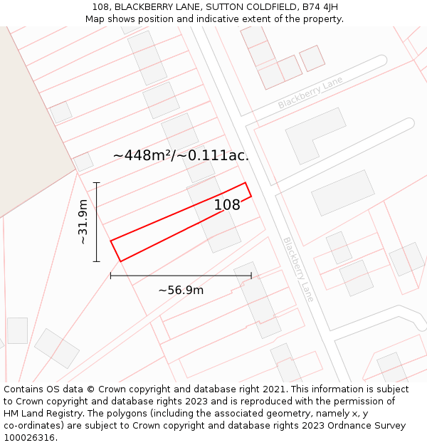 108, BLACKBERRY LANE, SUTTON COLDFIELD, B74 4JH: Plot and title map