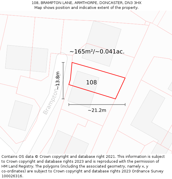 108, BRAMPTON LANE, ARMTHORPE, DONCASTER, DN3 3HX: Plot and title map