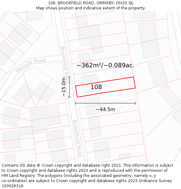 108, BROOKFIELD ROAD, GRIMSBY, DN33 3JL: Plot and title map