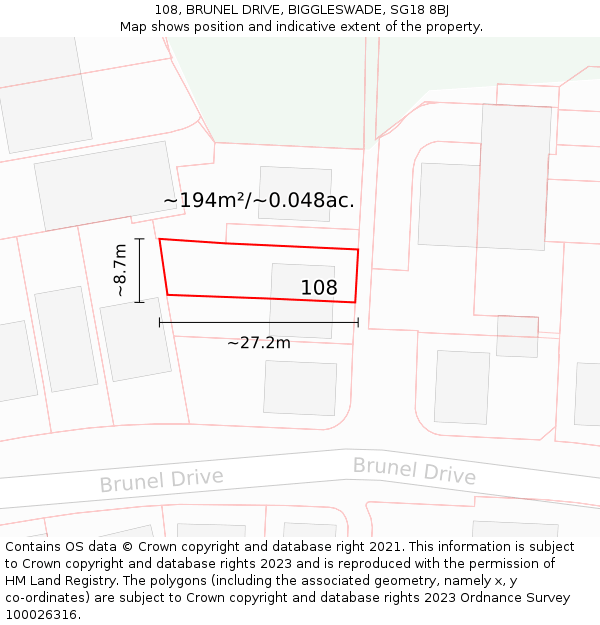 108, BRUNEL DRIVE, BIGGLESWADE, SG18 8BJ: Plot and title map