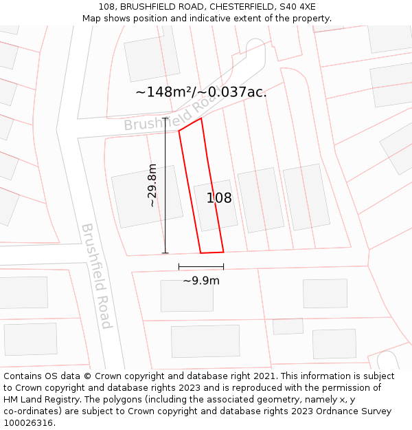 108, BRUSHFIELD ROAD, CHESTERFIELD, S40 4XE: Plot and title map