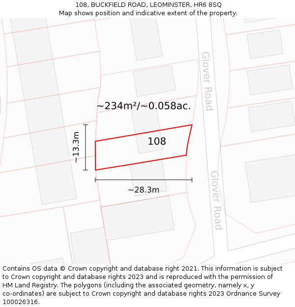 108, BUCKFIELD ROAD, LEOMINSTER, HR6 8SQ: Plot and title map