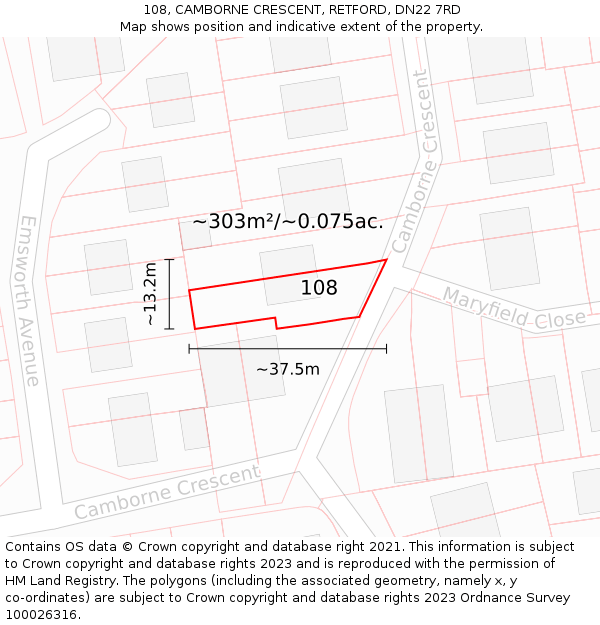 108, CAMBORNE CRESCENT, RETFORD, DN22 7RD: Plot and title map