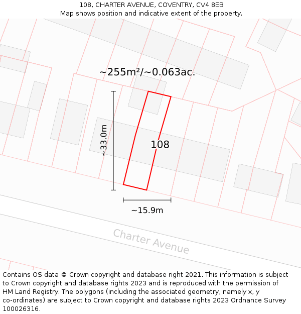 108, CHARTER AVENUE, COVENTRY, CV4 8EB: Plot and title map