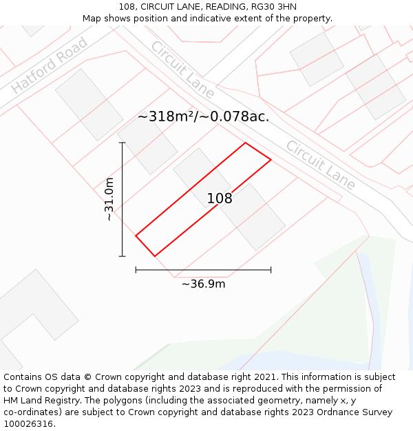 108, CIRCUIT LANE, READING, RG30 3HN: Plot and title map