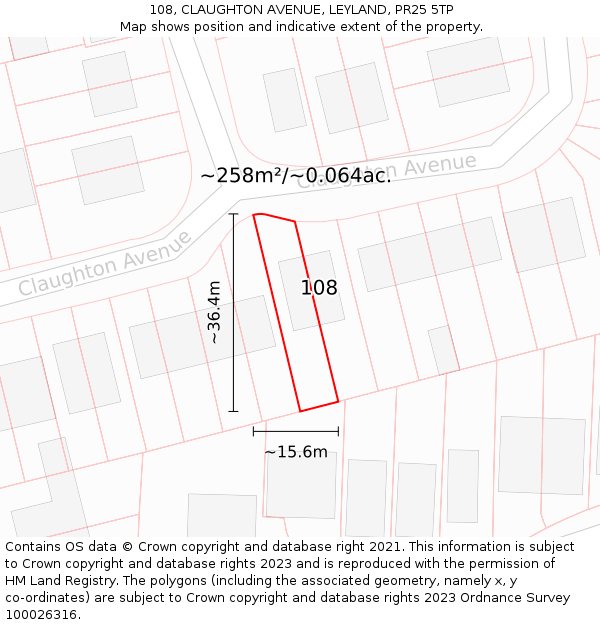108, CLAUGHTON AVENUE, LEYLAND, PR25 5TP: Plot and title map