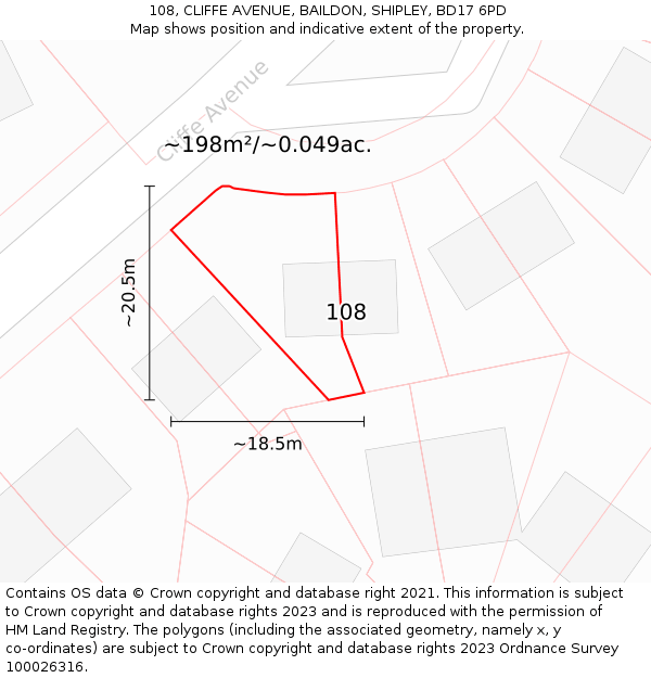 108, CLIFFE AVENUE, BAILDON, SHIPLEY, BD17 6PD: Plot and title map