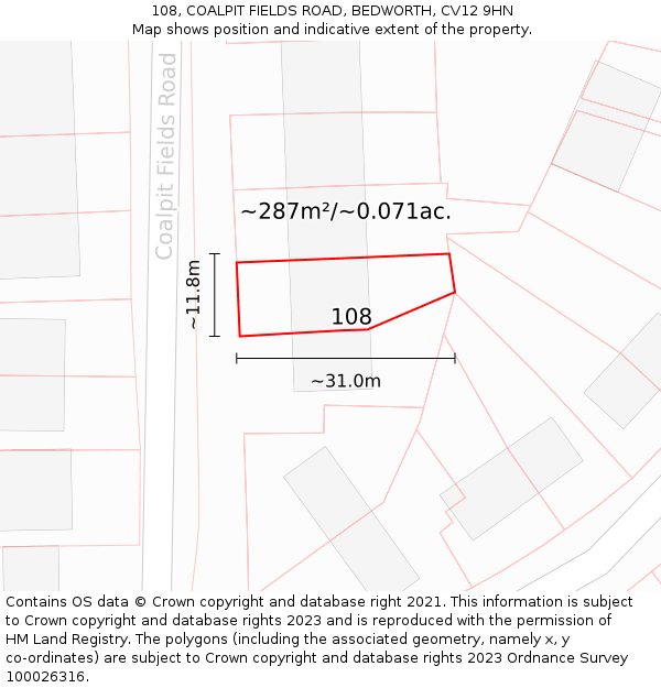 108, COALPIT FIELDS ROAD, BEDWORTH, CV12 9HN: Plot and title map