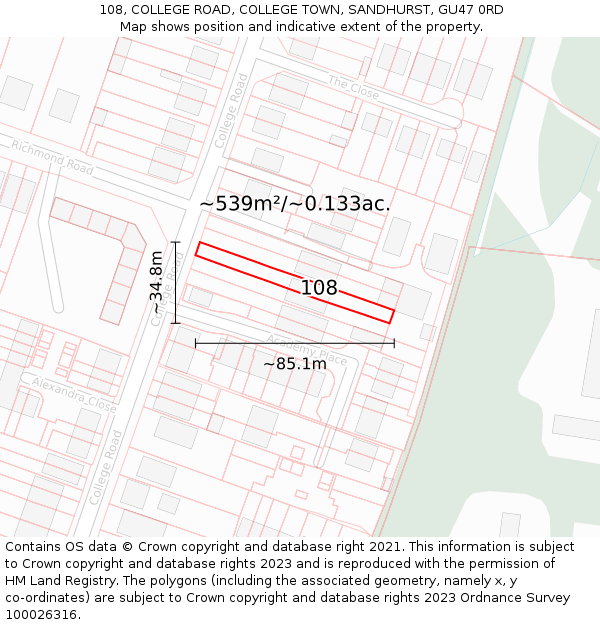 108, COLLEGE ROAD, COLLEGE TOWN, SANDHURST, GU47 0RD: Plot and title map