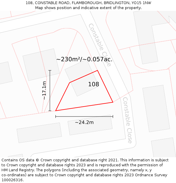 108, CONSTABLE ROAD, FLAMBOROUGH, BRIDLINGTON, YO15 1NW: Plot and title map