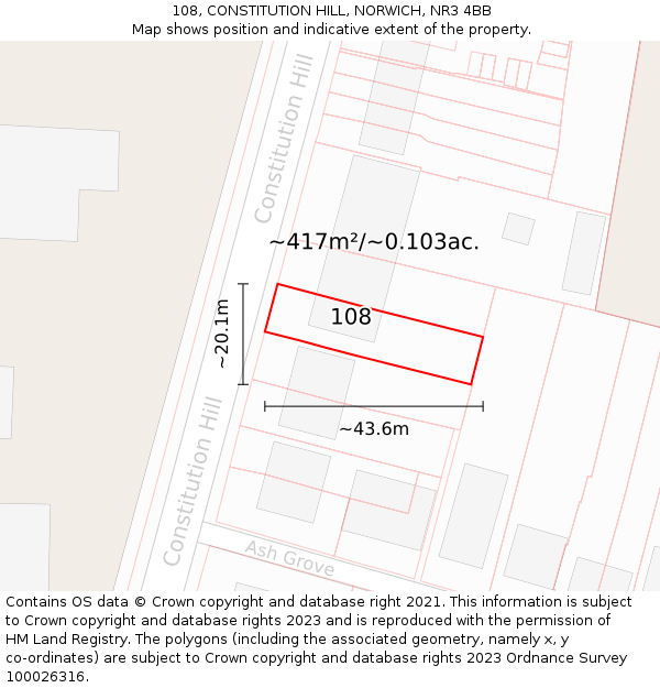 108, CONSTITUTION HILL, NORWICH, NR3 4BB: Plot and title map