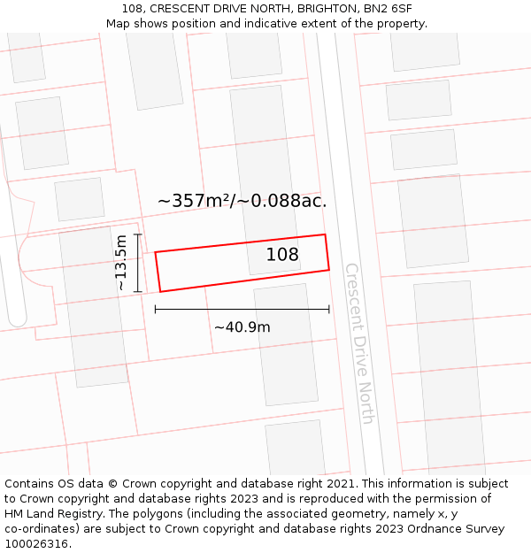 108, CRESCENT DRIVE NORTH, BRIGHTON, BN2 6SF: Plot and title map