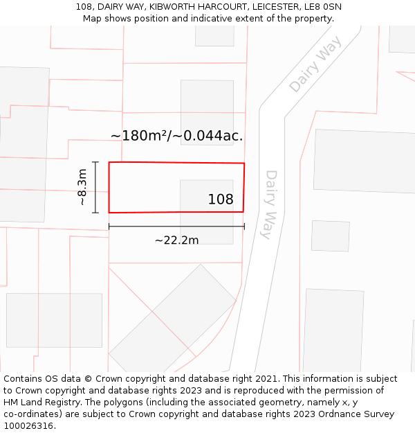 108, DAIRY WAY, KIBWORTH HARCOURT, LEICESTER, LE8 0SN: Plot and title map