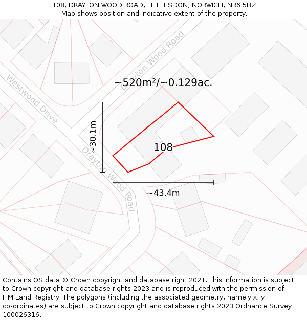 108, DRAYTON WOOD ROAD, HELLESDON, NORWICH, NR6 5BZ: Plot and title map