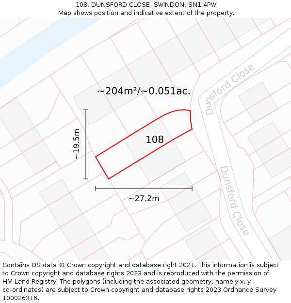 108, DUNSFORD CLOSE, SWINDON, SN1 4PW: Plot and title map