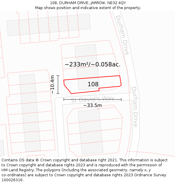 108, DURHAM DRIVE, JARROW, NE32 4QY: Plot and title map