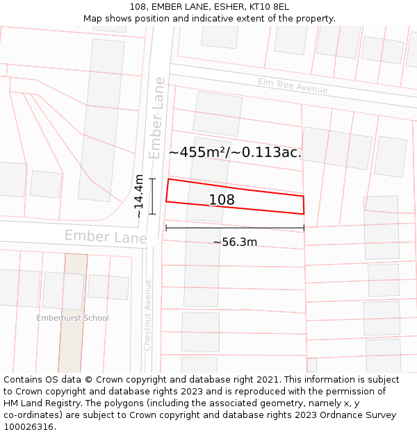 108, EMBER LANE, ESHER, KT10 8EL: Plot and title map