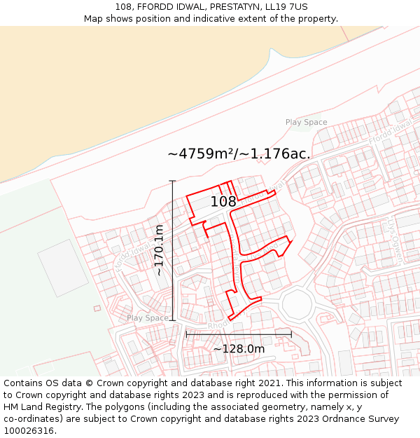 108, FFORDD IDWAL, PRESTATYN, LL19 7US: Plot and title map