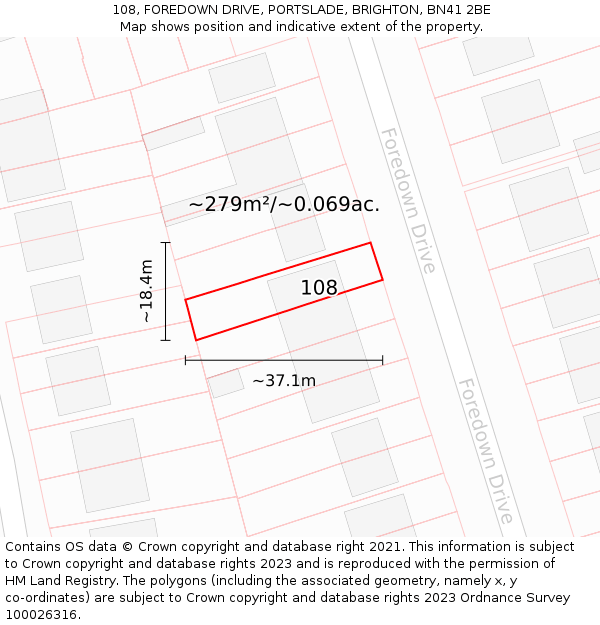 108, FOREDOWN DRIVE, PORTSLADE, BRIGHTON, BN41 2BE: Plot and title map