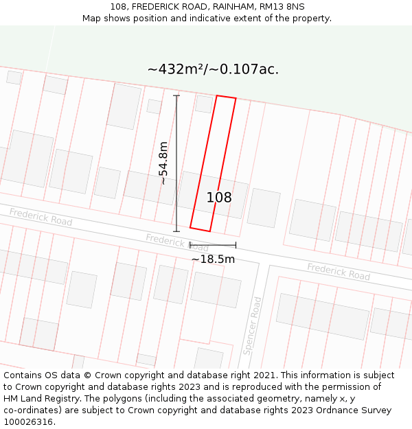 108, FREDERICK ROAD, RAINHAM, RM13 8NS: Plot and title map