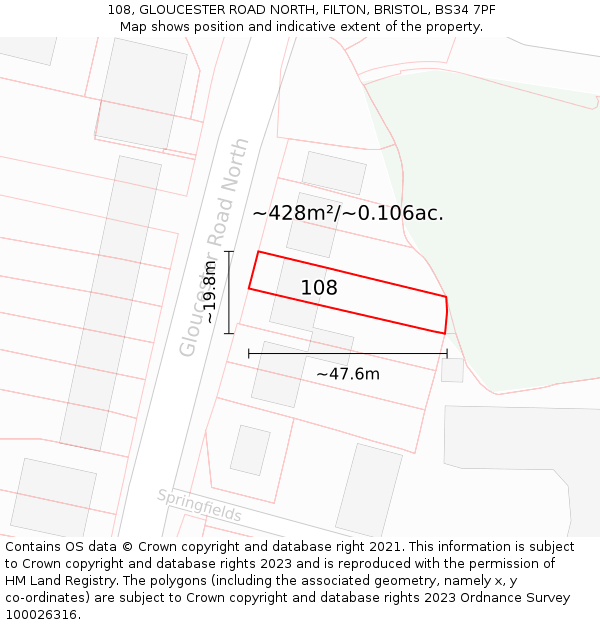 108, GLOUCESTER ROAD NORTH, FILTON, BRISTOL, BS34 7PF: Plot and title map