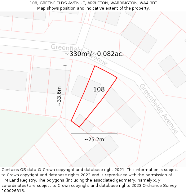 108, GREENFIELDS AVENUE, APPLETON, WARRINGTON, WA4 3BT: Plot and title map
